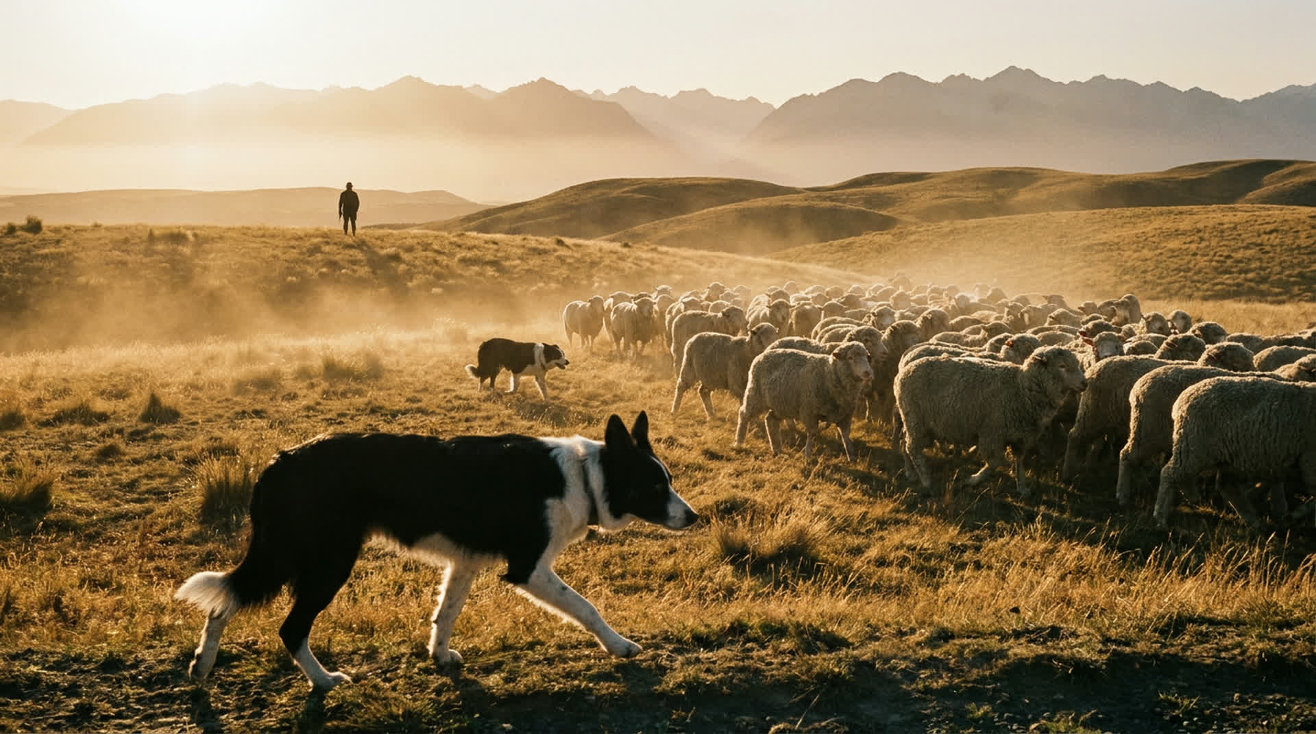 A border collie walking across the foreground while a second collie works a flock of merino sheep across the New Zealand high country at golden hour, a farmer watching from the ridge