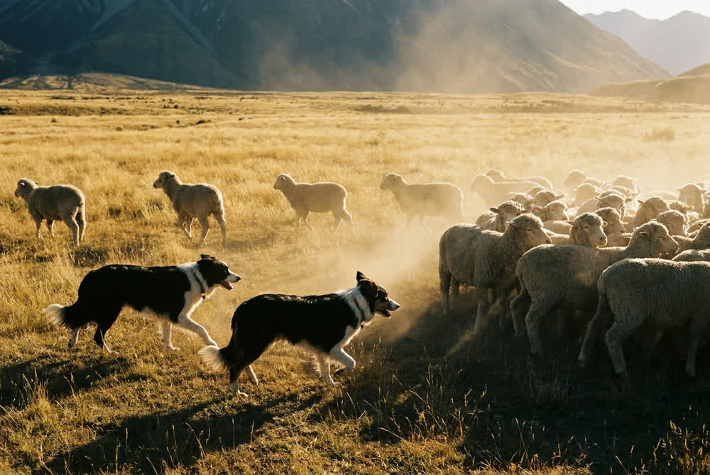 Two border collies drawing scattered sheep together into one tight mob